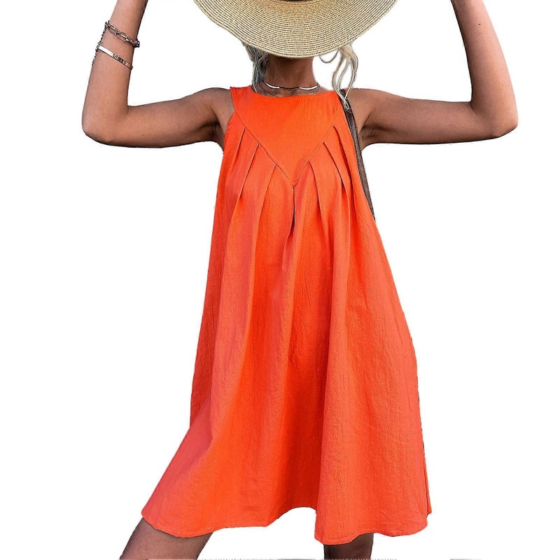 Women Sleeveless Dress Round Collar Ruched Bust Back Button Closure Summer Casual Dress Orange M | Fruugo SG