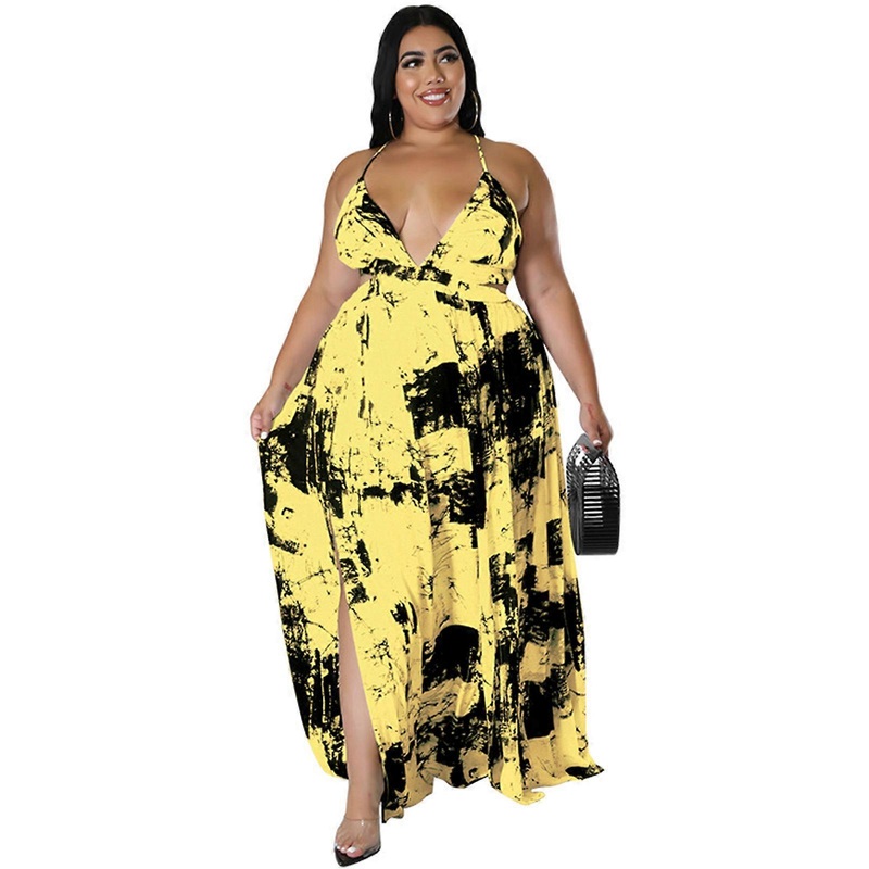 Women Sleeveless Strappy V-Neck Maxi Long Dress Summer Vintage Ink Print Crisscross Backless Flowy Split Gown Clubwear  Yellow XL | Fruugo SG
