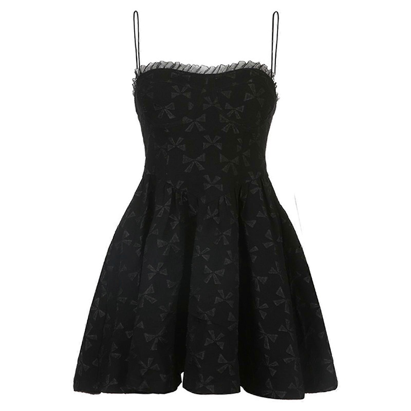 Women Spaghetti Strap Sexy Off Shoulder Mini Flowy Dress Harajuku Bowknot Jacquard Ruffle Lace Trim A-Line Flare Dress  Black S | Fruugo SG