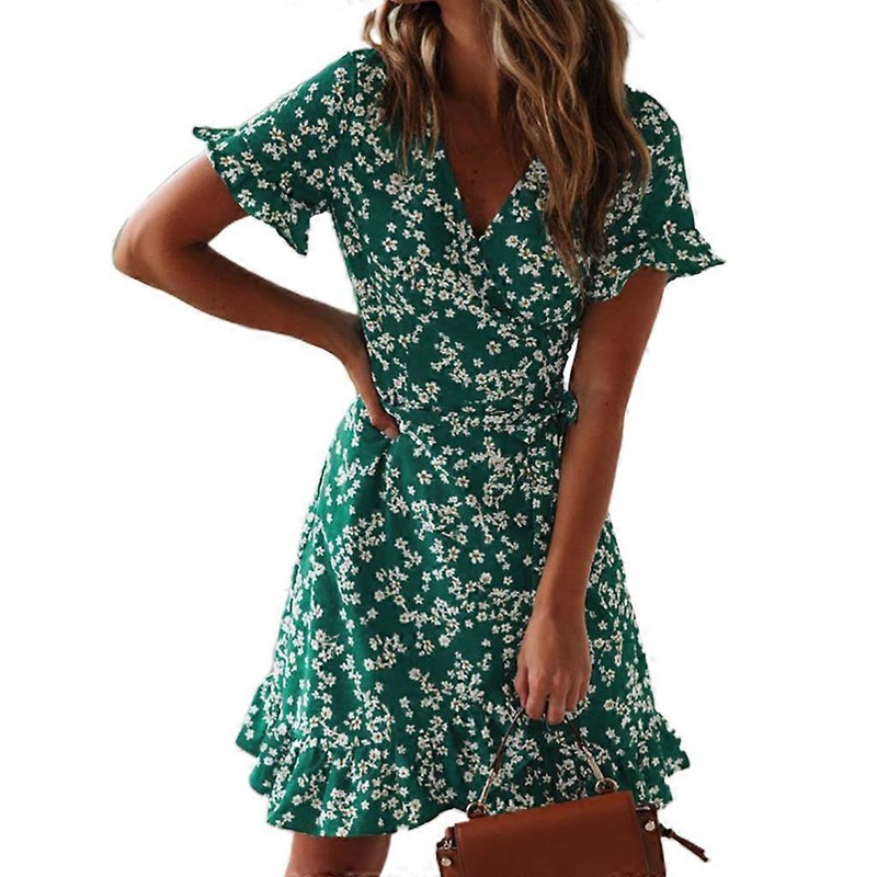 Women Summer Short Sleeve Floral Print A-Line Mini Dress Sexy Wrap V-Neck Pleated Ruffles Boho Beach Sundress with Belt  Green | Fruugo SG