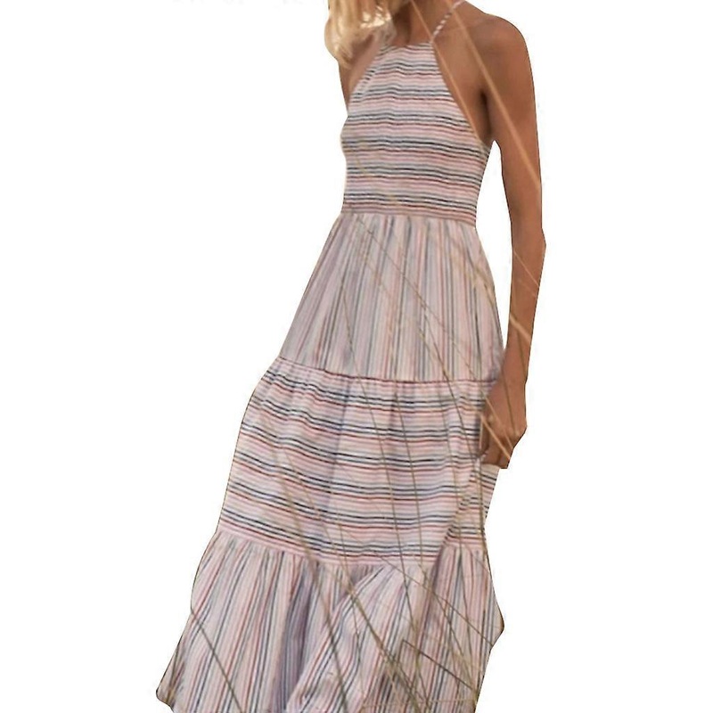 Women Summer Sleeveless Halter Boho Striped Print Midi Long Dress Elegant Ruched Sexy Backless High Waist Swing Sundress | Fruugo SG