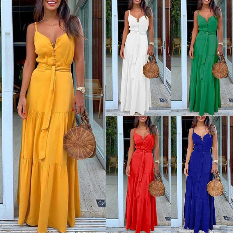Women Summer Spaghetti Strap Sexy V-Neck Button Maxi Long Dress Belted High Waist Solid Color Ruffled Flared Hem Beach Sundress  Yellow | Fruugo SG