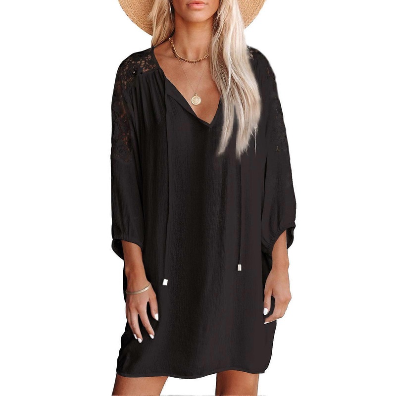 Women V Neck Dress Lace Three Quarter Sleeves Loose Waist Summer Casual Short Dress Black L | Fruugo SG
