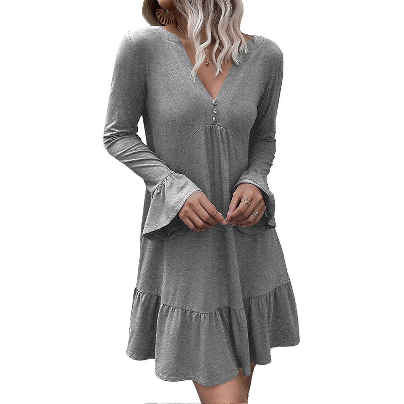 Women V Neck Dress Ruffle Pure Color Dress Stylish Button Front Long Sleeves Dress Grey L | Fruugo SG