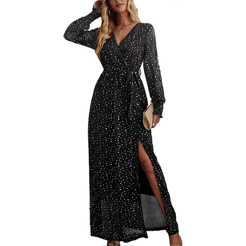Women V Neck Shirred Frill Trim Lantern Sleeve Sequin Cross Wrap Side Slit High Waist Belted Long Dress | Fruugo SG
