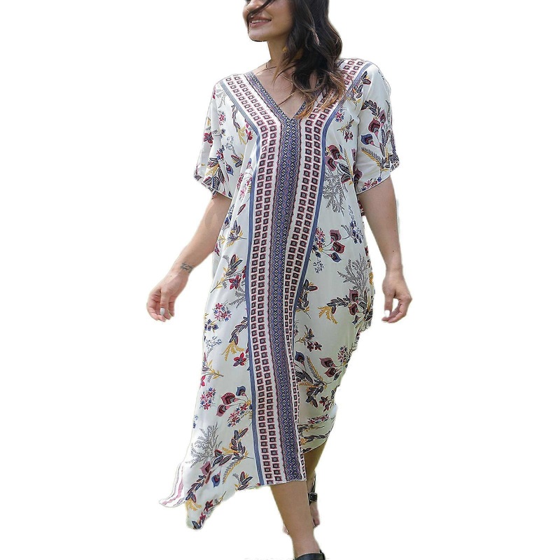 Women Vacation Batwing Sleeve Turkish Kaftan Boho Colorful Geometric Floral Printed V-Neck Swimsuit Cover Up Oversized Loose Beach Maxi Dress | Fruugo SG