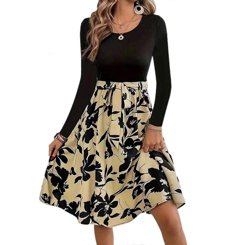Womens Autumn O-Neck Long Sleeve Dress Casual Floral Print Holiday Dress Bohemian Short Dress Party Elegant Maxi-Dress  Khaki M | Fruugo SG