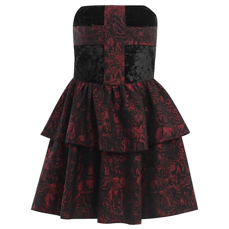 Womens Harajuku Sexy Strapless Tiered Pleated Mini Dress Gothic Patchwork Vintage Floral Jacquard A-Line Flowy Dresses  S | Fruugo SG