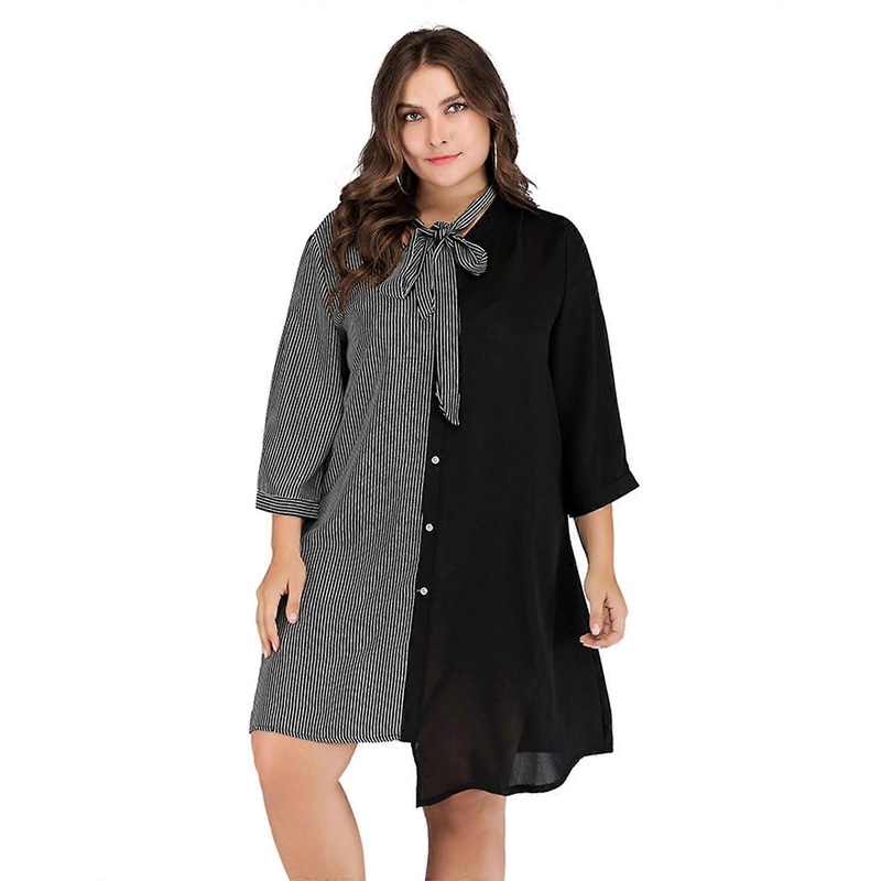Womens Plus Size 3/4 Sleeve Lapel V Neck Button Down Loose Midi Dress with Scarf Irregular Striped Printed Streetwear  Black XXXL | Fruugo SG