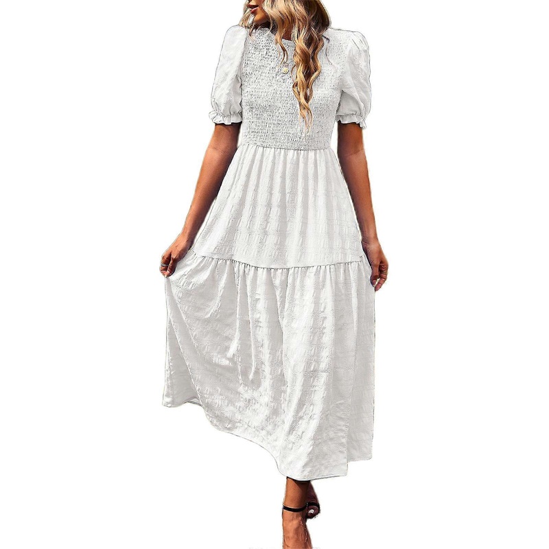 Womens Puff Short Sleeve O-Neck Shirred A-Line Midi Long Dress Solid Color Pleated Textured High Waist Tiered Dresses  White L | Fruugo SG