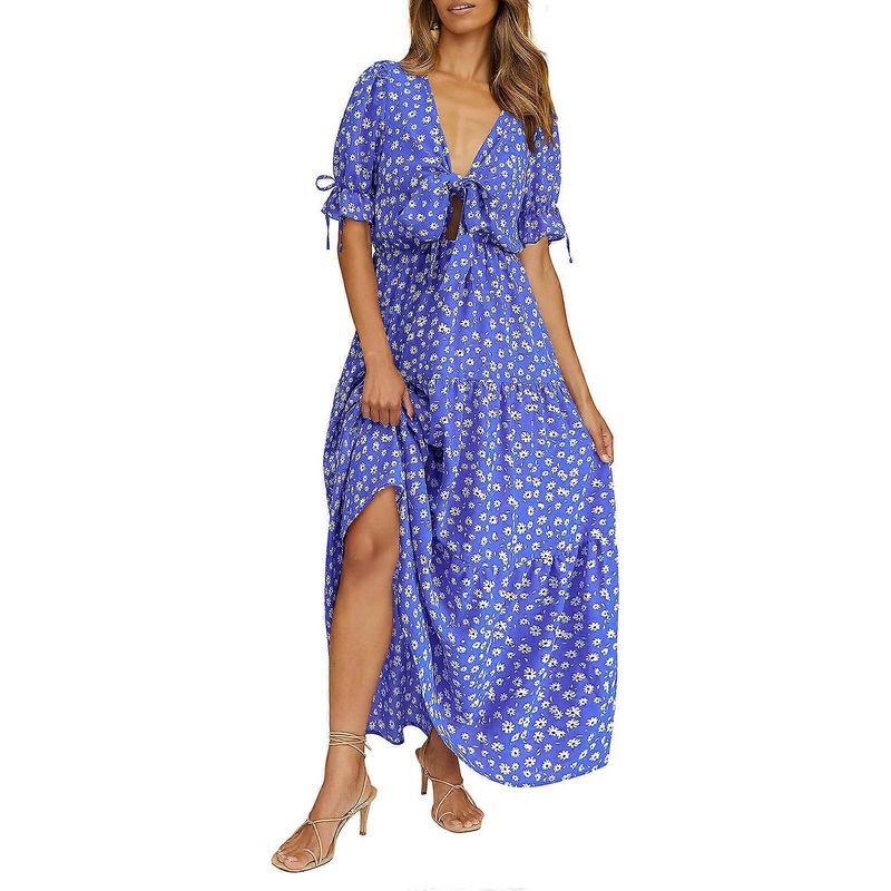 Womens Ruffle Short Sleeve Deep V-Neck Knotted Front Maxi-Long Dress Boho Floral Print Tiered Casual Beach Party Dresses  picture 6 XXL | Fruugo SG