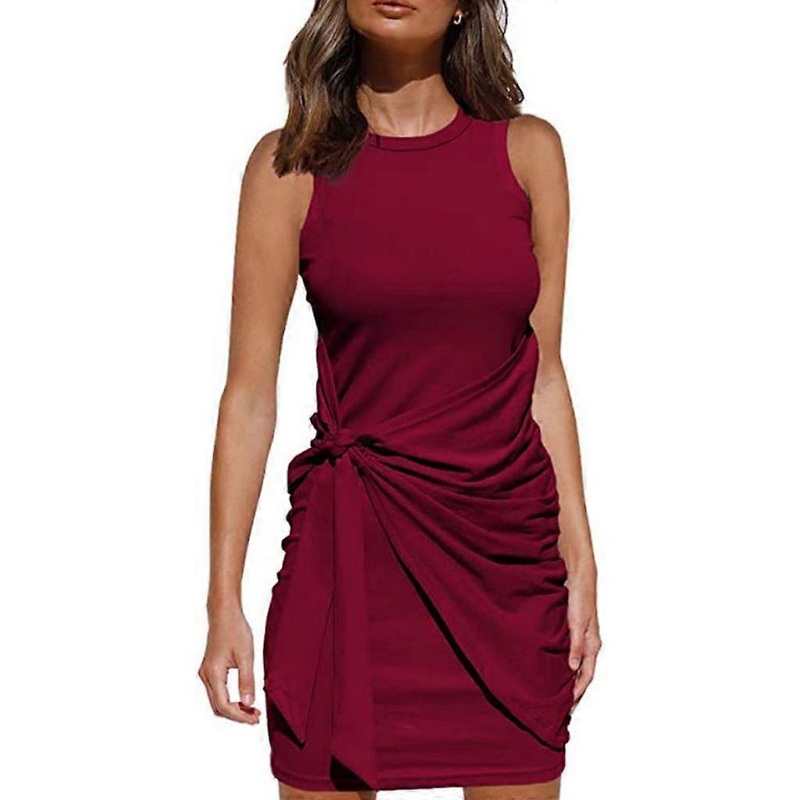 Womens Summer Sleeveless Sexy Bodycon Mini for Tank Dress Ruched Tie Waist Solid Color Crewneck High Waist Casual Cocktail Party Clubwear  Burgundy | Fruugo SG