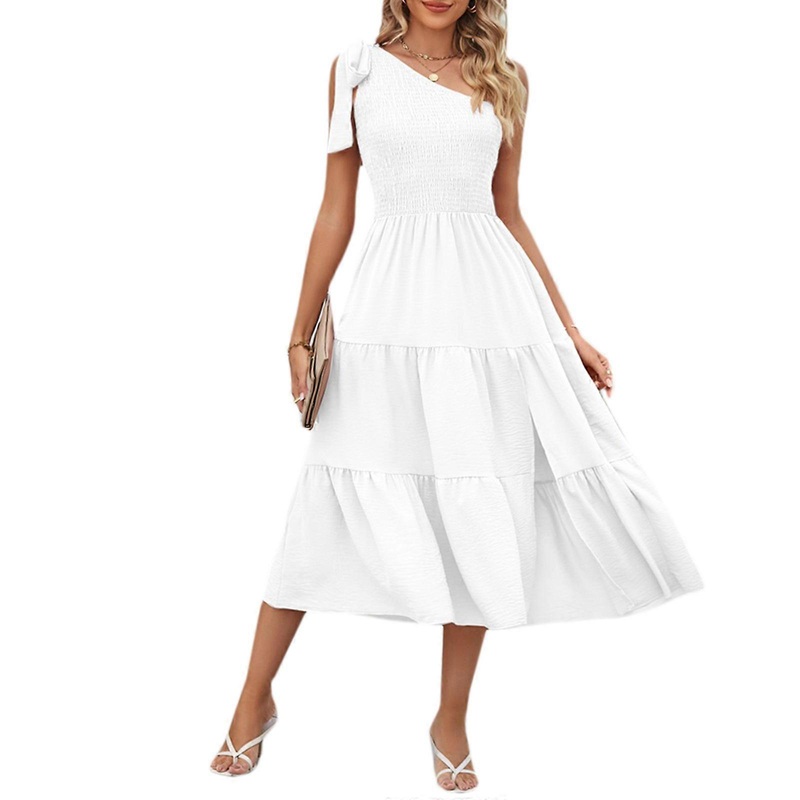 Womens Summer Tie One Shoulder Shirred Swing Midi Dress Smocked Elastic Waist Side Split Tiered Ruffle A-Line Dresses  White XL | Fruugo SG