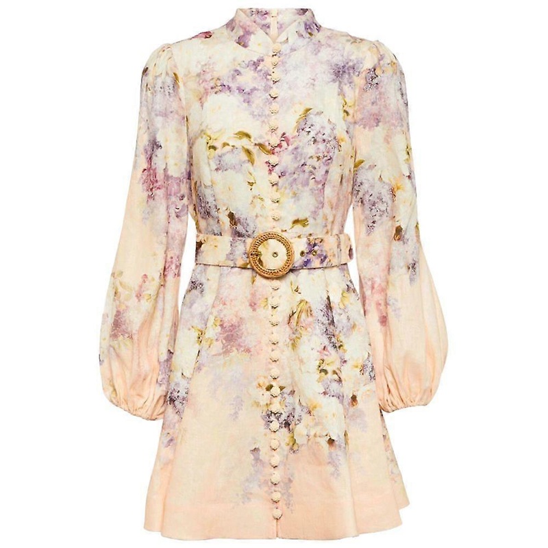 Zim Style Lyrical Floral Buttoned Belted Printed Linen Mini Dress | Fruugo SG