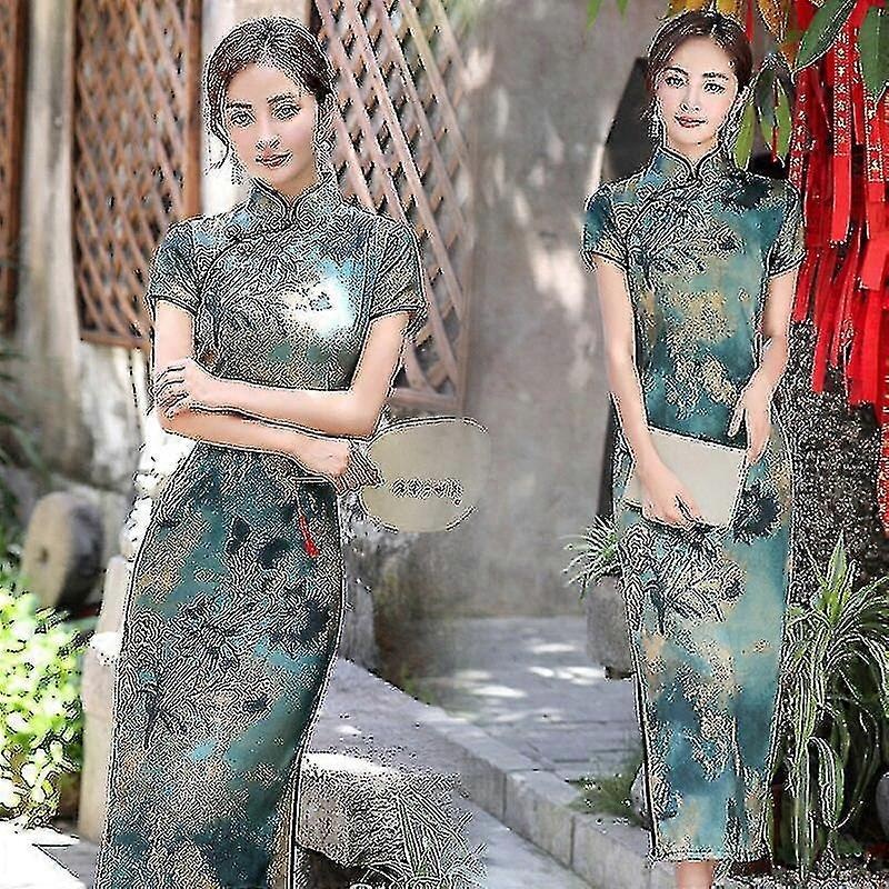 2021 Summer Women's Wear Chinese Style Qipao Long Short Sleeve Satin Fashionable Daily Commuting High-end Elegant Dress 2020 | Fruugo SG