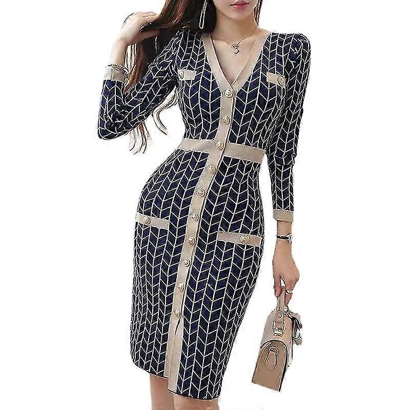 2024 Hot Selling Women Design Plaid Knitted Dress Long Sleeve V Neck Single Breasted Slim Sheath Dresses Autumn Bodycon Sweater Dress | Fruugo SG
