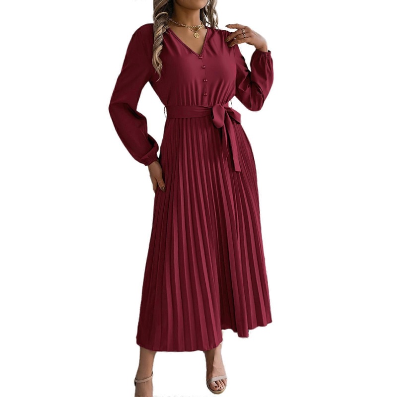 Fashion V Neck Button Front Tie Waist Long Dress with Pleats for Women Long Puff Sleeve Solid Color Swing A Line Dresses  Burgundy XL | Fruugo SG