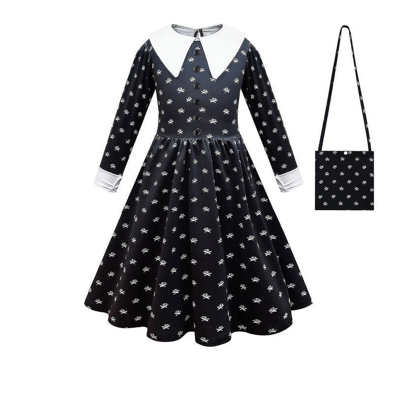 Girls Peter Pan Collar Gothic Costume Dress Long Sleeve Black Dress With Bag | Fruugo SG