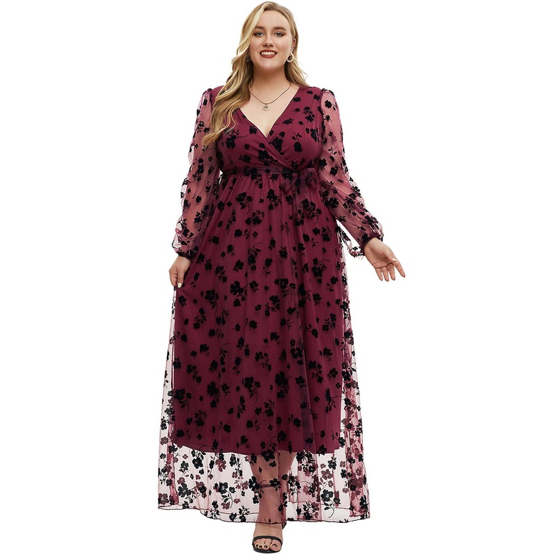 Kaxidy Women Dresses Plus Size Elegant Long Dress Embroidery Prom Dress Mesh Gown Burgundy | Fruugo SG