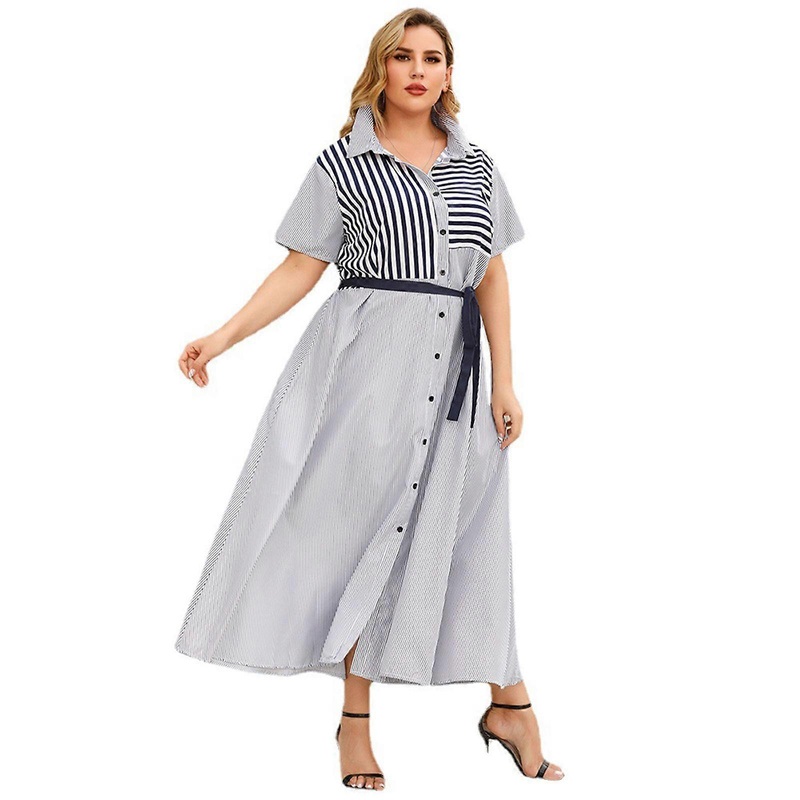 Lapel V Neck Women Maxi Dress Short Sleeve Empire Belted Button Flowy Irregular Striped Print Casual Office Streetwear  Gray XXXXL | Fruugo SG