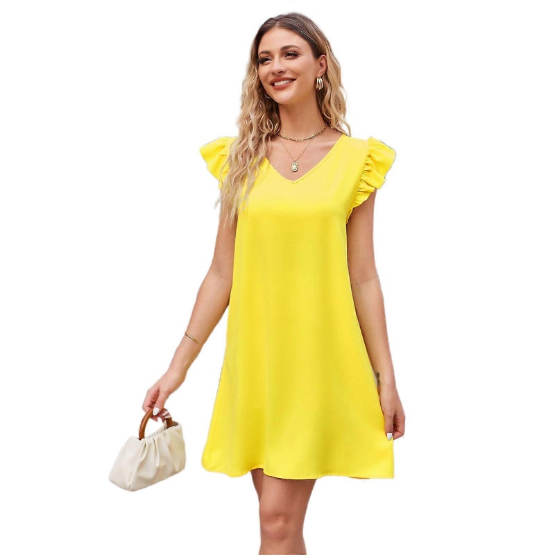 Loose-Fit Summer Dress for Women Ruffle Short Sleeves Dress Solid Color Casual Dress Fashion V-neck Dress Holiday Dress  Yellow S | Fruugo SG