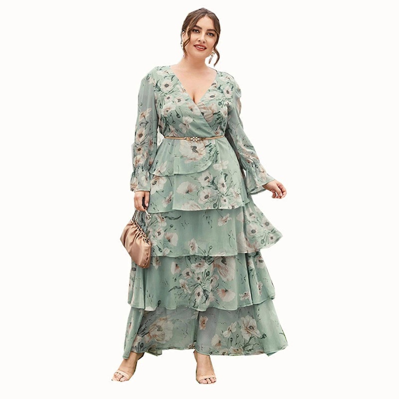 Plus Size Part Dress for Women Muslim Ruffle Tiered Dress Long Sleeve Dress Floral Print Vacation Dress V Neck Dress  XL | Fruugo SG