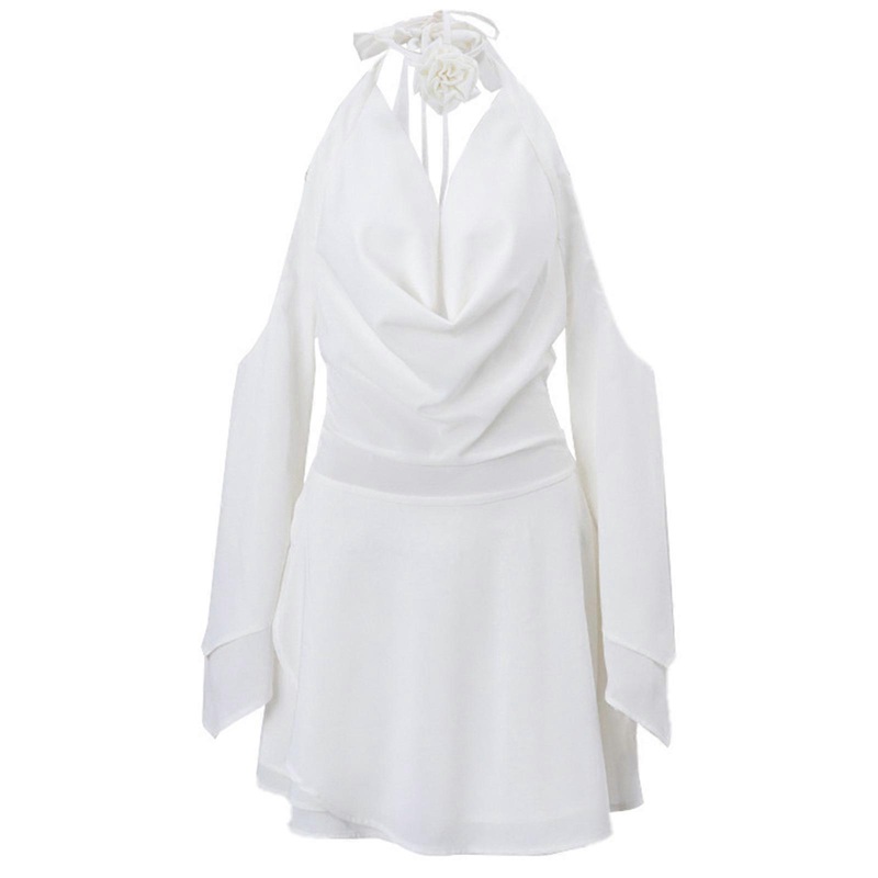Sexy Backless Party Dress in Korean Chic Style Deep V-neck Solid Color and 3D Flower Halter Club Mini Dress  White S | Fruugo SG