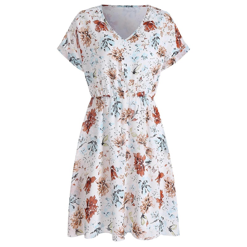 Sexy V-Neck Women Mini Dress Elastic Empire Waist Rolled Short Sleeve Flared Flowy Hem Beach Holiday Party Sundress  White XL | Fruugo SG