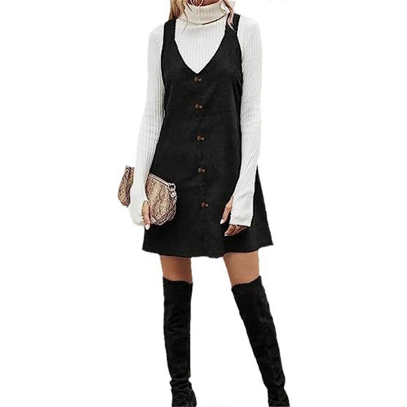 Stylish Suspender Dress Corduroy Overalls Winter Dresses V Neck Show off Your Charm with this Black Dress  Black S | Fruugo SG