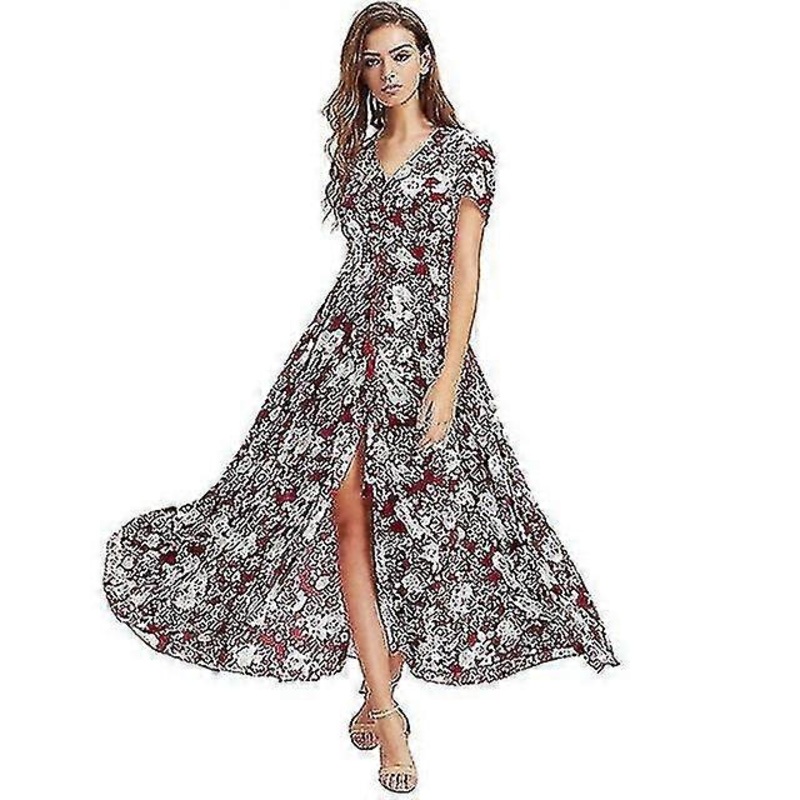 Summer Beach Maxi Dress V-neck Cotton Short Sleeve Holiday Casual Long Dress | Fruugo SG