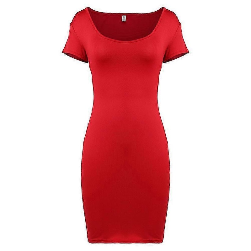 Woman Lady Summer Dress Short Sleeves Solid Color Deep Round Neck Sexy Dress (red XL) | Fruugo SG