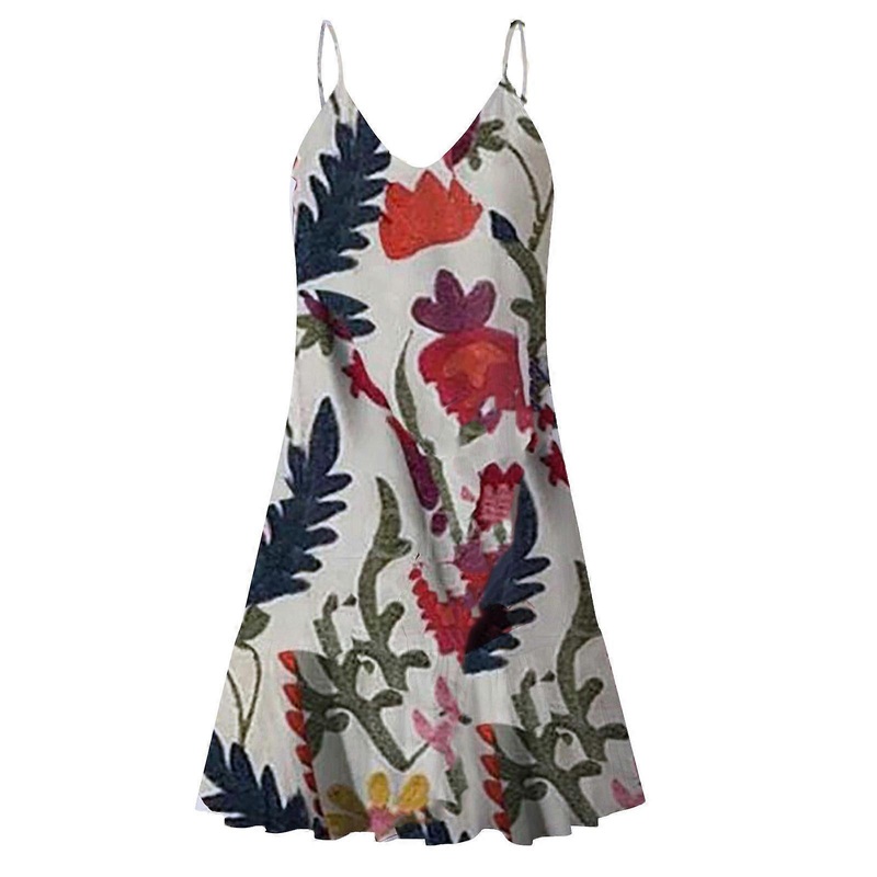 Women Boho Spaghetti Strap Sexy V Neck Floral Leaves Print Ruffle Hem Mini Dress  White XL | Fruugo SG