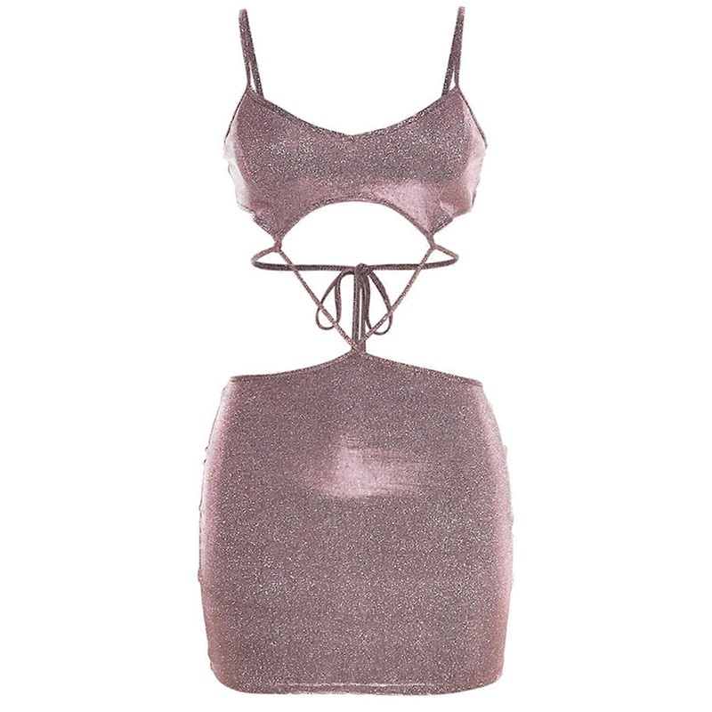 Women Cut Out Waist Tie Back Sleeveless Cami Mini Dress Sexy Short Pencil Dress Glitters Spaghetti Straps Bodycon Dress  Pink S | Fruugo SG