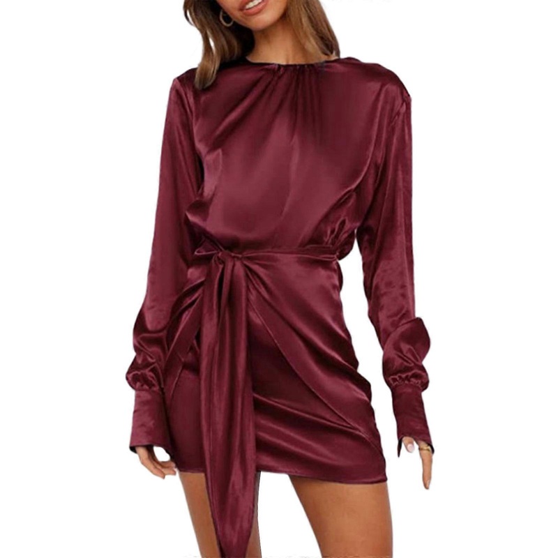 Women Elegant Crewneck Long Sleeve Ruched Wrap Slim Fit Mini Dress Elegant Solid Color Tie Waist Cocktail Satin Dresses  Burgundy XXL | Fruugo SG