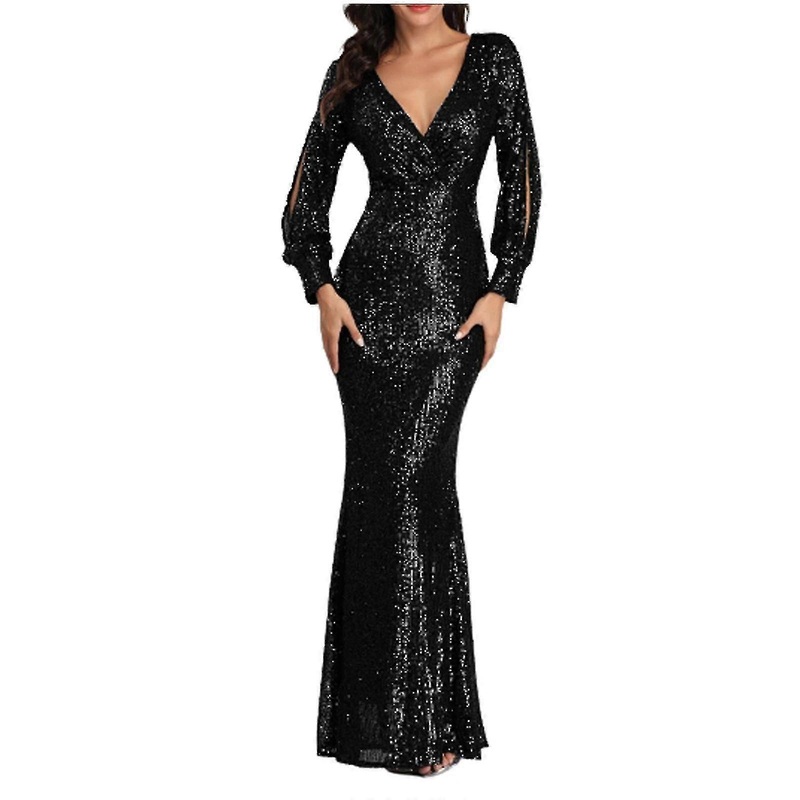 Women Fashion V-neck Sequins Dress Long Sleeve Party Long Dresses | Fruugo SG