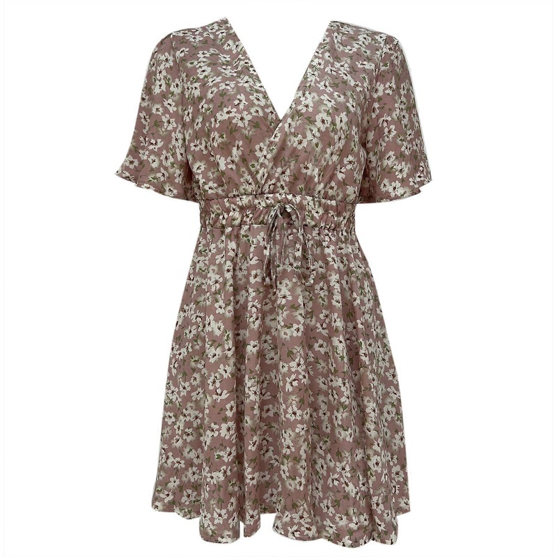 Women Flared Short Sleeve Sexy Wrap V Neck Mini Swing Dress Floral Print Tie Waist Ruffle Hem A-Line Chiffon Sundress  Pink S | Fruugo SG