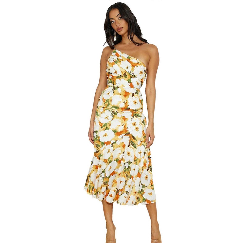 Women Floral Print Dress Ladies Pleated Dress Summer Holiday Dress Sexy Oblique Shoulder Dress Female Spaghetti Dress  Yellow XL | Fruugo SG