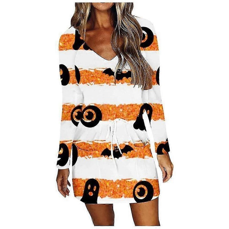 Women Halloween Printed V-neck Long Sleeve T-shirt Dress Mini Dresses | Fruugo SG
