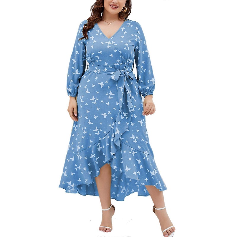 Women Long Sleeve V-Neck for Butterfly Print Belted Split Ruffles Maxi Swing Dre  Light blue XL | Fruugo SG