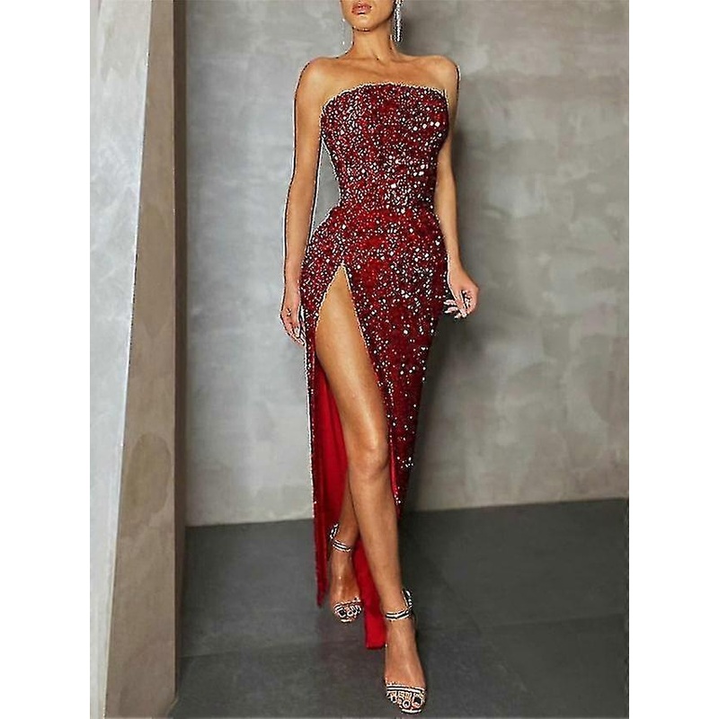 Women’s Christmas Party Dress Sequin Dress Maxi Long Dress Red Eeveless Santa Claus Pure Color Sequins Split Spring Summer Strapless Party Sexy Part | Fruugo SG