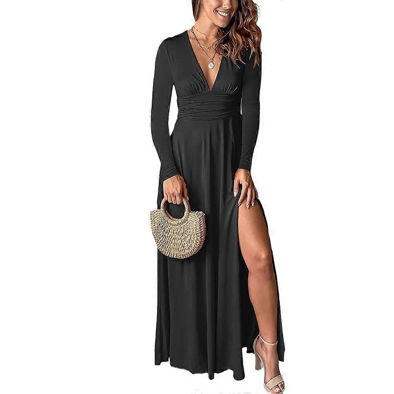Women’s Deep V Neck Long Sleeve Dresses High Waist Slit Dress | Fruugo SG