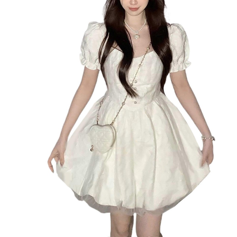 Women’s Short Puff Sleeve Wedding Dress French Style Mesh Splicing Summer Dresses Perfect for Parties  White S | Fruugo SG