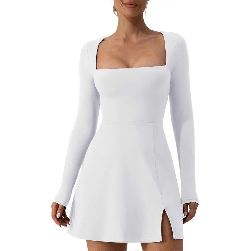 Women’s Square Neck Dress Long Sleeve Mini Dresses Casual Side Slit Slim Fit Pullover Dresses  White XL | Fruugo SG