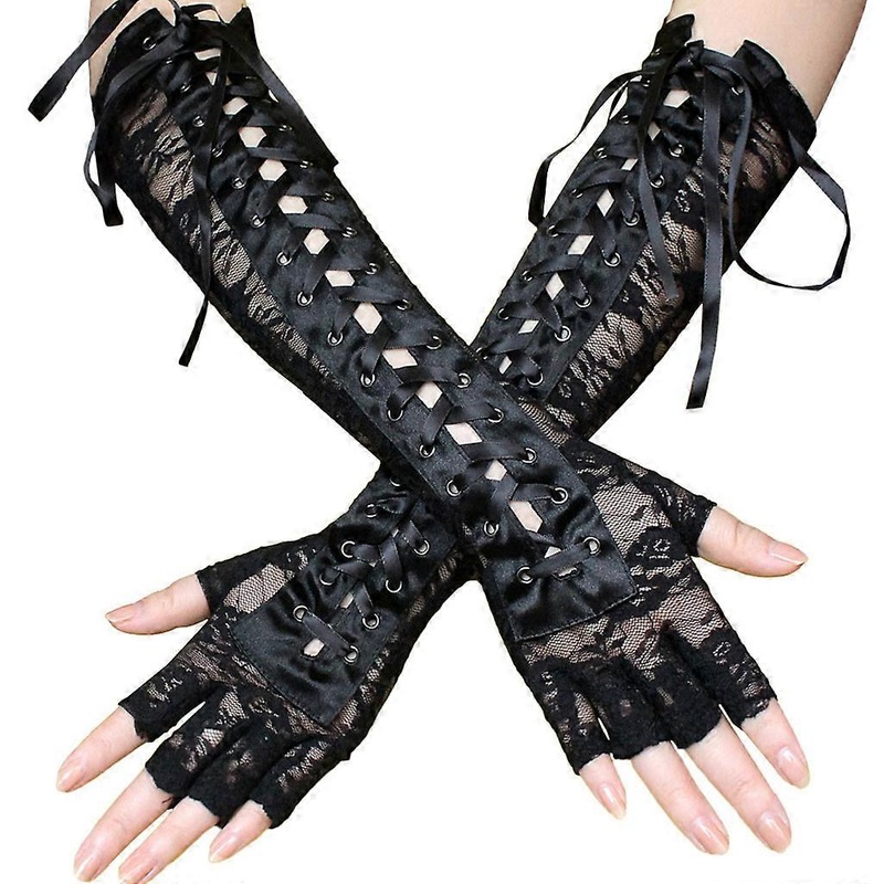 Women Sexy Floral Lace Elbow Length Half-Finger Gloves Ribbon Ties Up Disco Dance Party Fingerless Fishnet Mesh Mittens  Black | Fruugo SG
