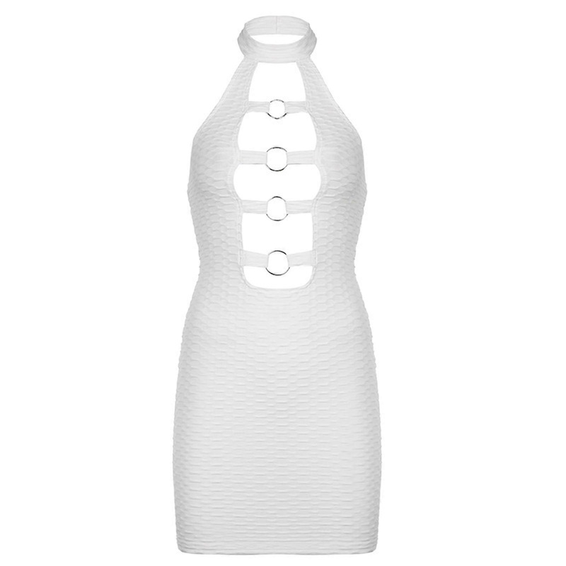 Women Sexy Sleeveless Halter Ruched Mini Bodycon Dress Hollow Out Metal O-Ring Backless Package Hip Solid White Clubwear  S | Fruugo SG