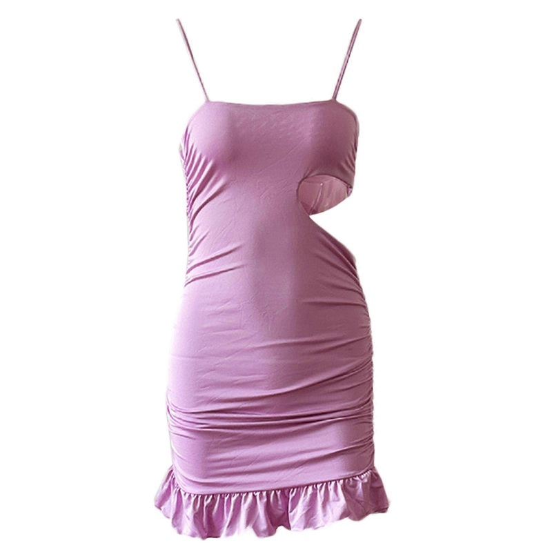 Women Sexy Spaghetti Strap Cut Out Ruffle Hem Ruched Bodycon Mini Dress Solid Color Backless Cocktail Party Cami Dresses  Purple S | Fruugo SG