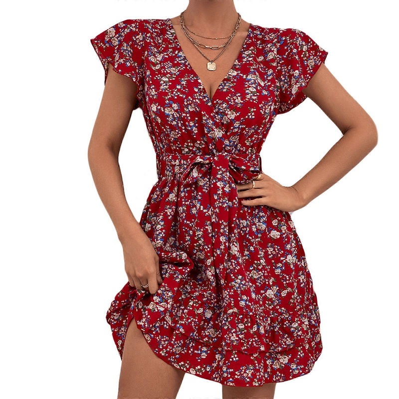 Women Short Sleeve Sexy Wrap V-Neck Mini Swing Dress Boho Floral Print Belted High Waist Tiered Ruffles Hem Sundress  S | Fruugo SG