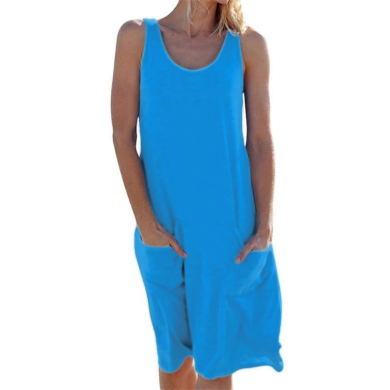 Women Sleeveless Round Neck Midi T-Shirt Dress with Pockets Solid Color Casual Loose A-Line Beach Holiday Tank Dresses  Blue L | Fruugo SG