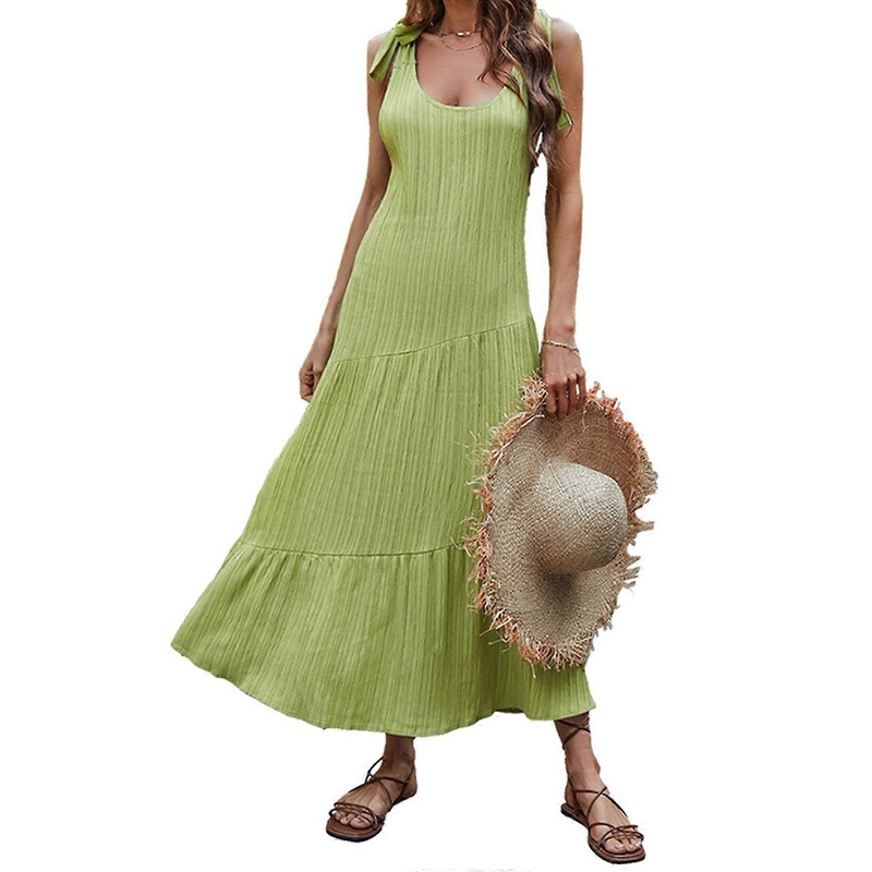 Women Sleeveless Tie Strap Sexy Backless Ribbed Ruffle Hem Maxi Long Flowy Dress  M | Fruugo SG