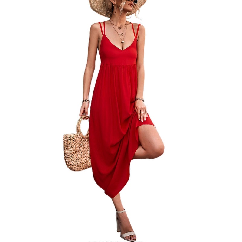 Women Summer Sleeveless V-Neck Solid Color A-Line Maxi-Long Dress Lace-Up Backless Pleated Flowy Beach Party Dresses  Red XL | Fruugo SG